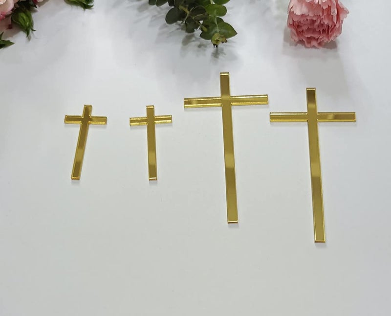 XIAOYUE 12pcs Cross Cake Charm, Slim Acrylic Christening Baptism Confirmation Decoration (6'', Gold Mirror) - Image 2
